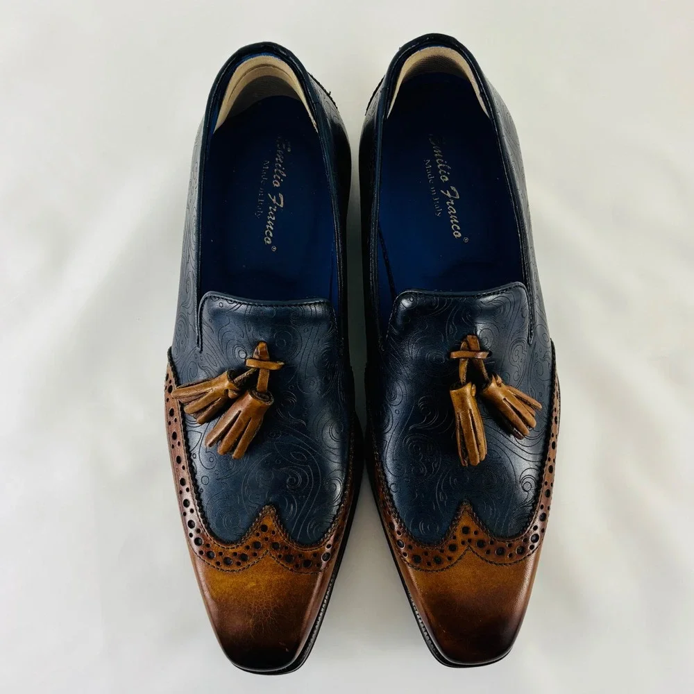 Emilio Franco Navy Blue Paisley Cognac Leather Tassel Wingtip Loafers Italy Sz 7 Emilio Franco Blue Suede Slip On Loafer Shoes with Chrome  main image 4